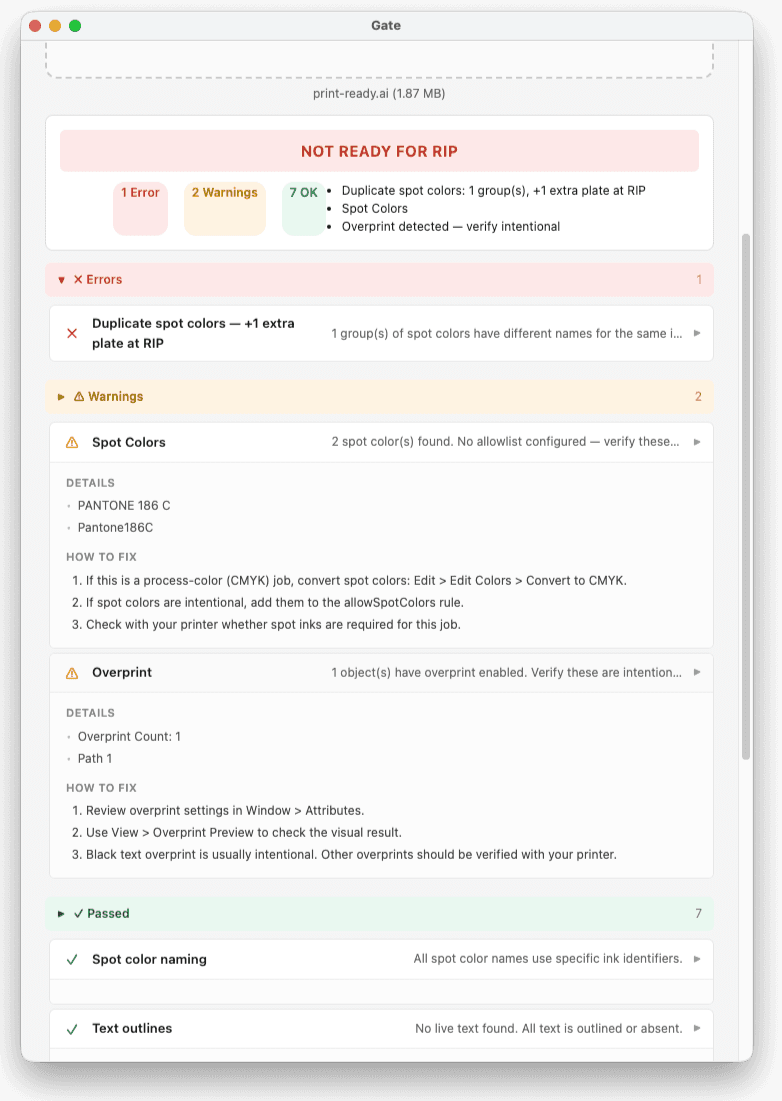 GATE desktop app showing preflight check results for a production file